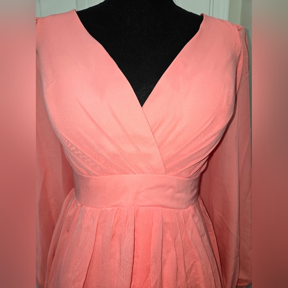 NWT Lavetir A-Line V-Neck Coral Long Sleeves Chiffon Long Dress - Picture 8 of 16